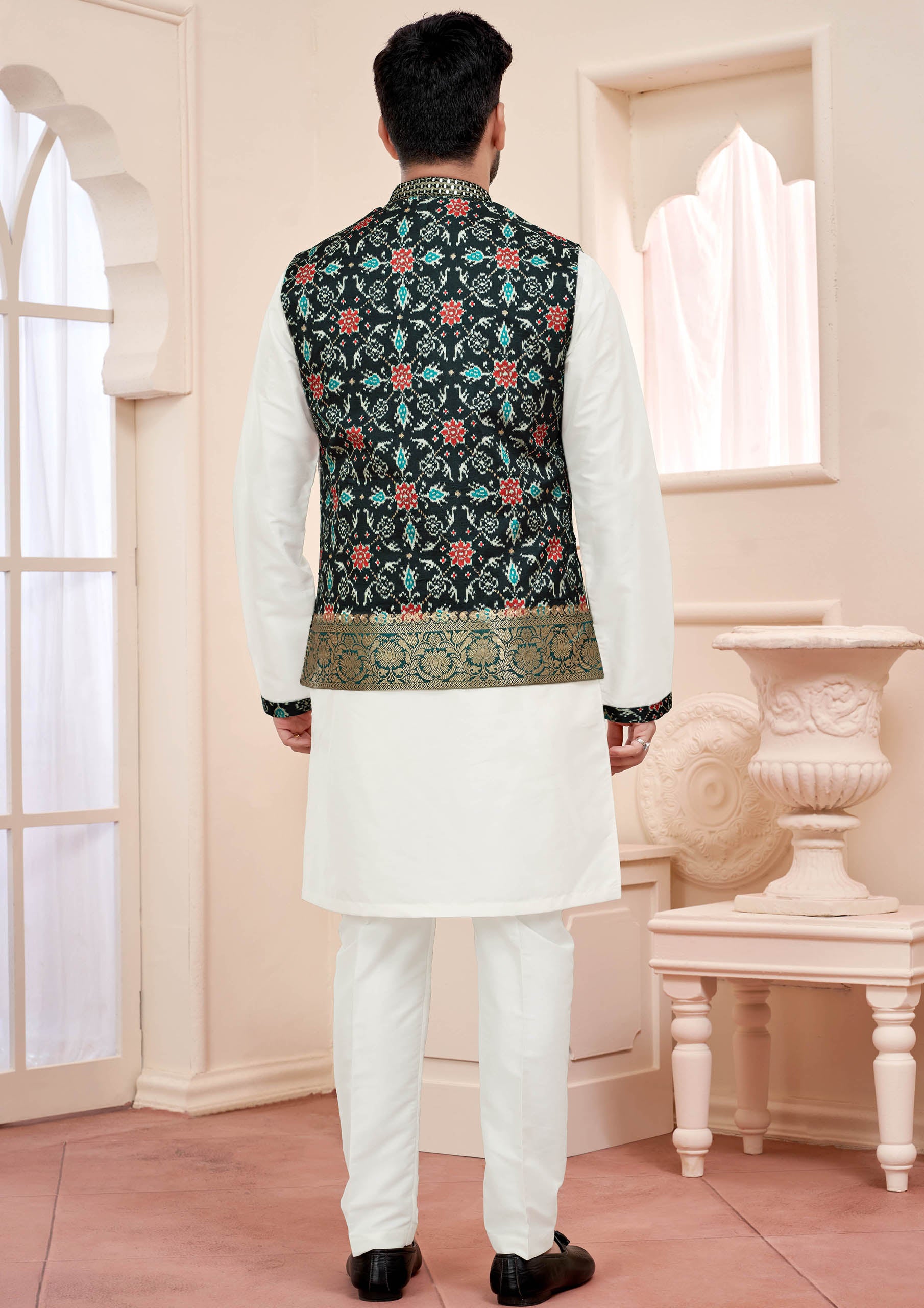 Majestic Black Embroidered Ethnic Men's Kurta Jacket Set